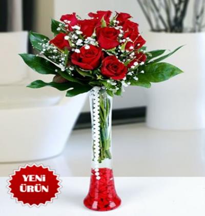 Öğretmenler günü temalı 7 gül Çiçeği & Ürünü Flüt Vazoda 11 Kırmızı Gül 