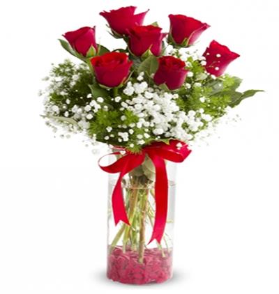 flüt vazoda güller ve lilyumlar Г�iГ�eği & ГњrГјnГј Silindir Vazoda 7 Kırmızı Gül 